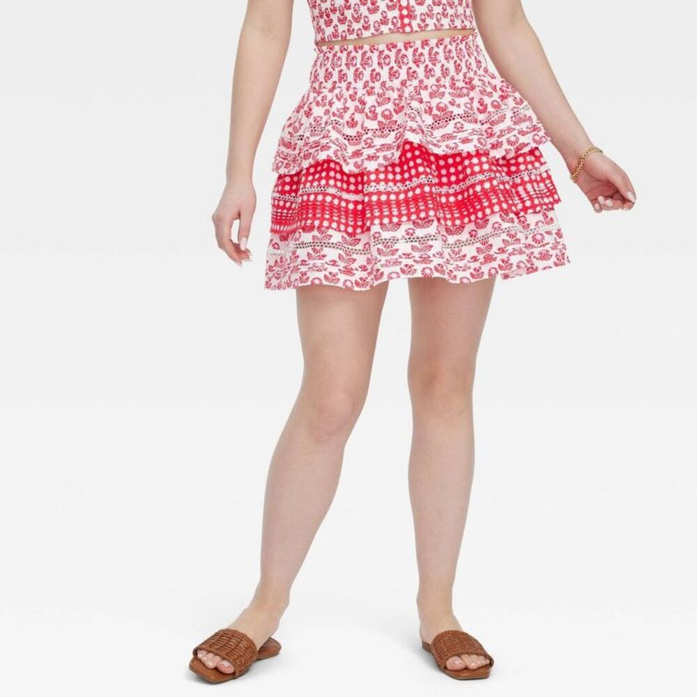 Women's Floral/Star Geo Tiered Mini Skirt Red - Roller Rabbit L